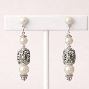Glass Pearls Antiqued Silver Beads Pierced Drop Earrings